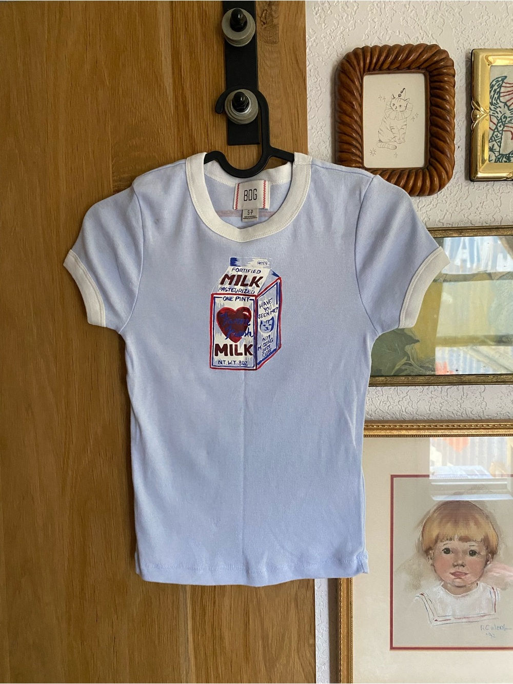BDG Light Blue Baby Tee with Milk Carton design